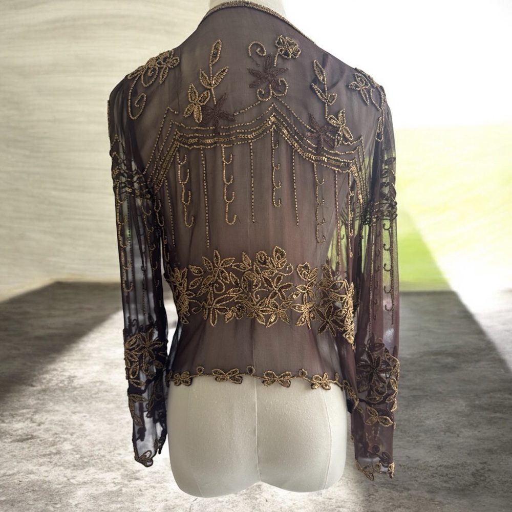 Vintage Marina Silk Sequin Embellished Shrug - Stunning Brown Sheer Jacket! - Picture 6 of 7